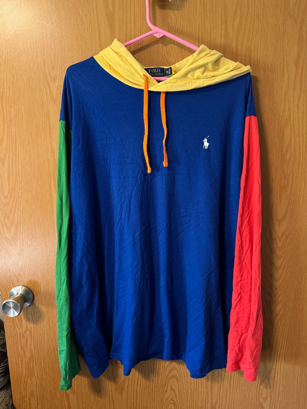 Ralph Lauren Blue Hoodie with Yellow Hood and Orange Drawstrings